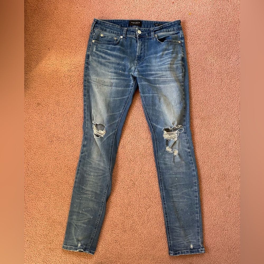 Pacsun Blue Distressed paint Splatter 31 x 32 ripped knees